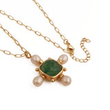 Faceted Green Strawberry Quartz and Pearl Cushion Shape Pendant Necklaces 5406