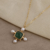 Faceted Green Strawberry Quartz and Pearl Cushion Shape Pendant Necklaces 5406
