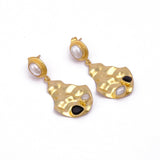 Fresh Water Pearl and Black Onyx Gemstone Dangle Earrings Gold Plated, Hammered Style Push Back Studs. S
