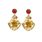 Garnet, Citrine And Crystal Quartz Gemstones Stud Earring Handmade Gold Bezel setting, Hammered Style Push Back Studs, Statement Drop Dangle Jewelry for Women. S