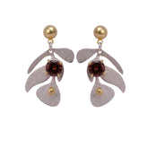 Garnet Gemstone Dangle Earrings, Silver & Gold Plated Leaf Design Studs, Statement Jewelery. S