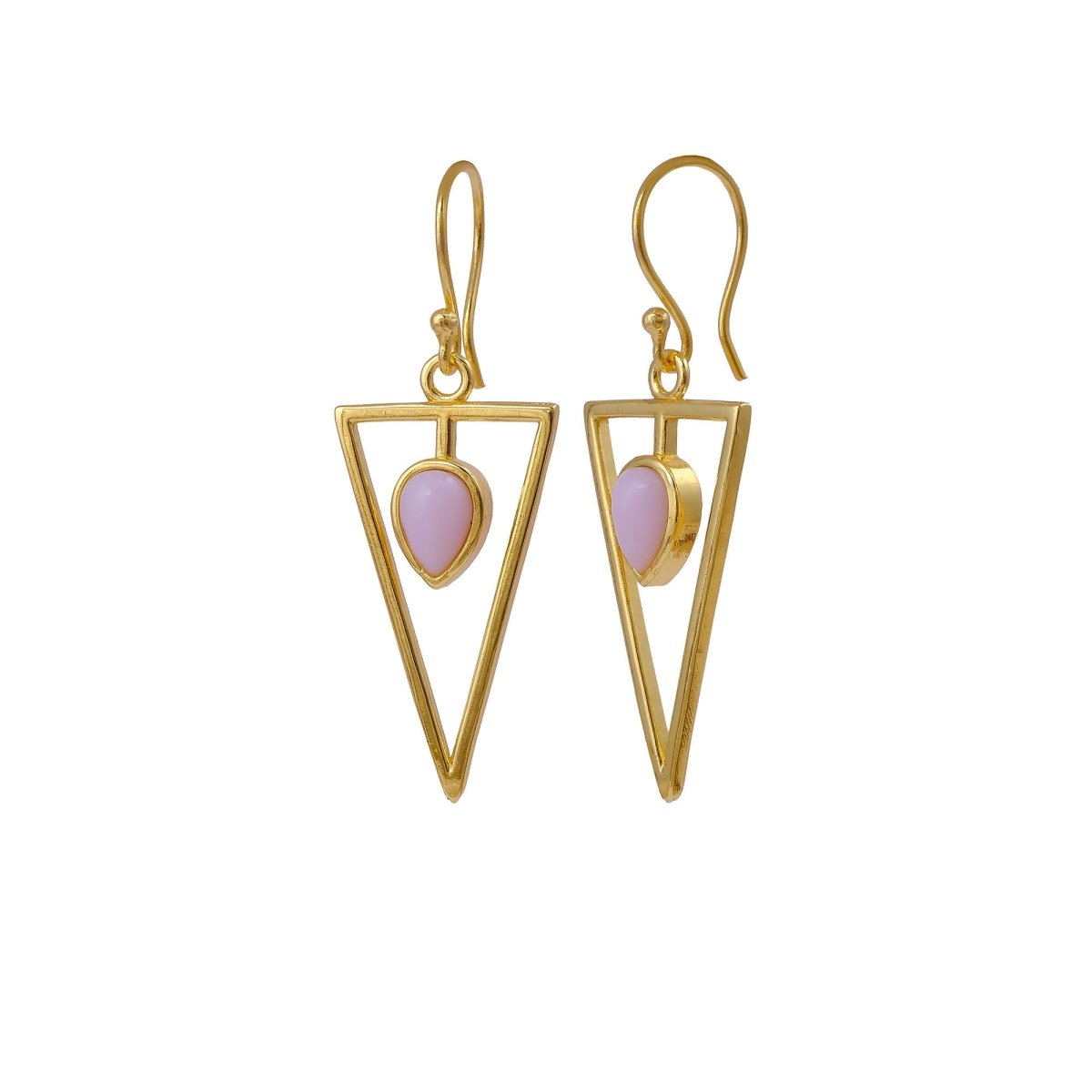 Gold Geometric Drop Hook Earrings with Pink Opalite Teardrop Gemstone CE - 1032