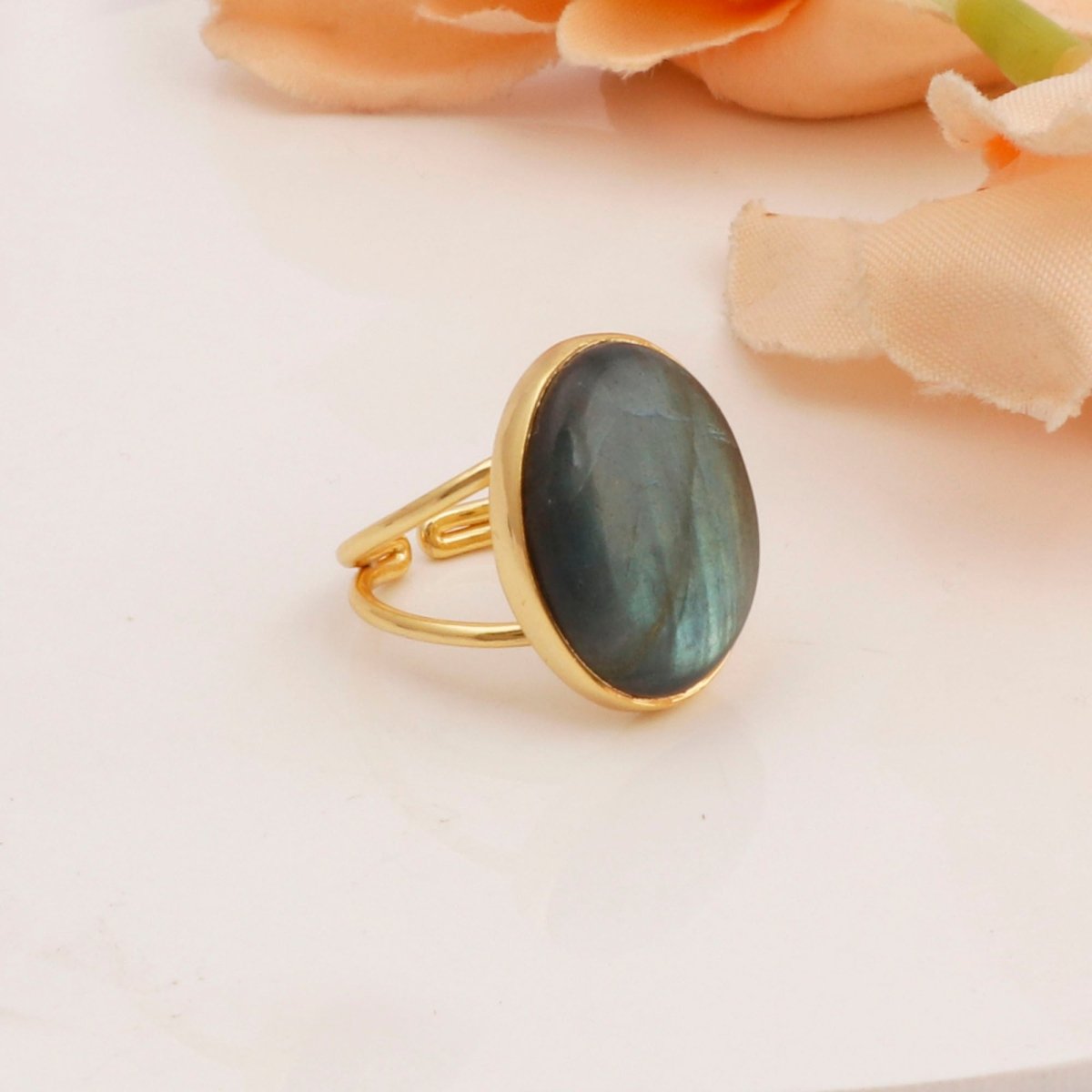 Gold-Plated Adjustable Labradorite Ring Boho Statement Jewelry