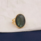 Gold-Plated Adjustable Labradorite Ring Boho Statement Jewelry