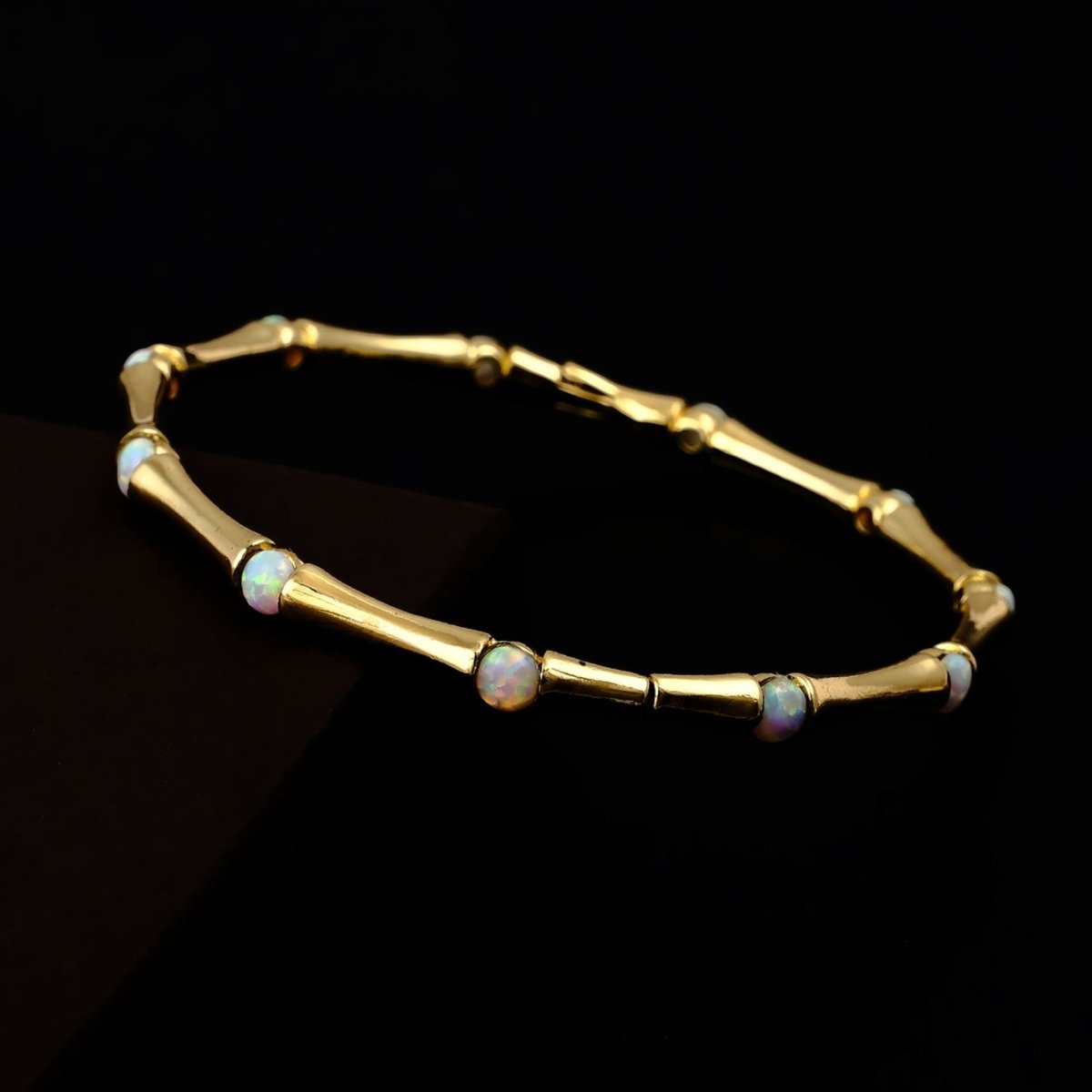 Gold - Plated Bamboo Bangle with Ethiopian Opal Gemstone, Handcrafted Jewelry CB - 1001