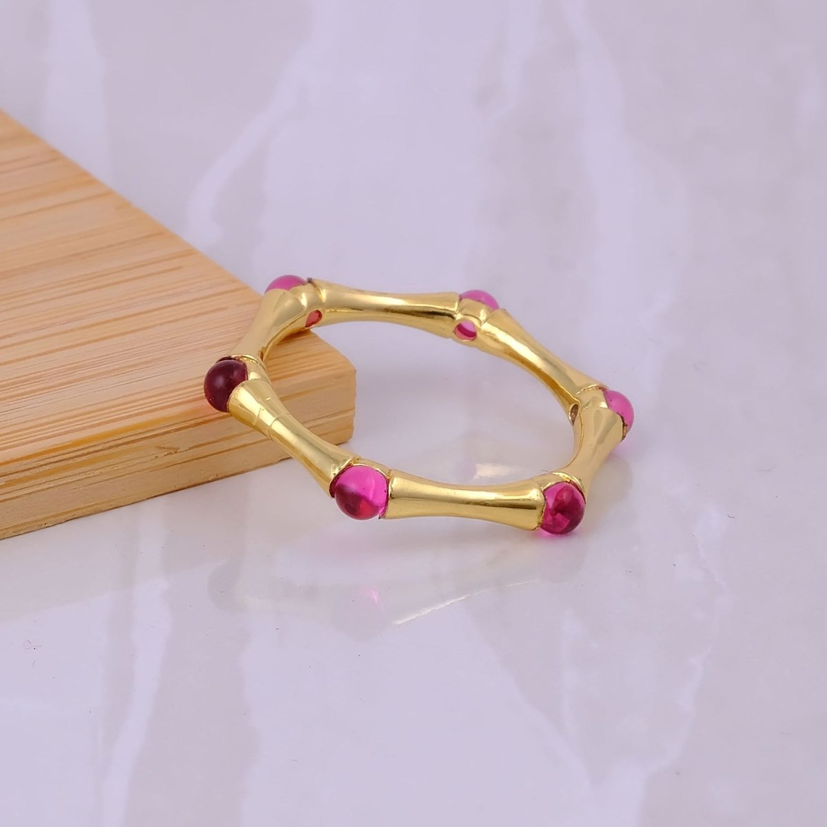Gold Plated Bamboo Style Ring, Dainty Handcrafted Pink Fuchsia Eternity Ring CR - 1023