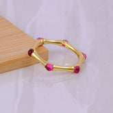 Gold Plated Bamboo Style Ring, Dainty Handcrafted Pink Fuchsia Eternity Ring CR-1023 Pink Fuchsia
