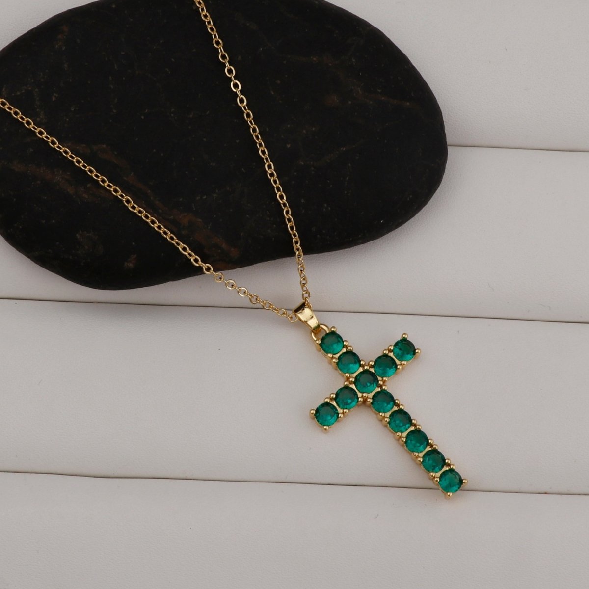 Gold - Plated Cross Apatite Gemstone CZ Pendant Necklace