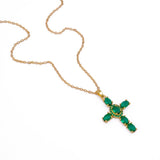 Gold - Plated Emerald CZ Cross Pendant Necklace Elegant Green Stone Religious Jewelry