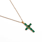 Gold - Plated Emerald CZ Cross Pendant Necklace Elegant Green Stone Religious Jewelry