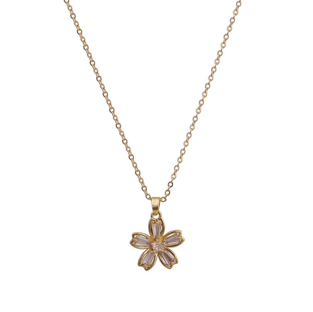 Gold - Plated Flower Pendant Necklace with Cubic Zirconia Gemstones Elegant Floral Jewelry