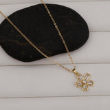 Gold - Plated Flower Pendant Necklace with Cubic Zirconia Gemstones Elegant Floral Jewelry