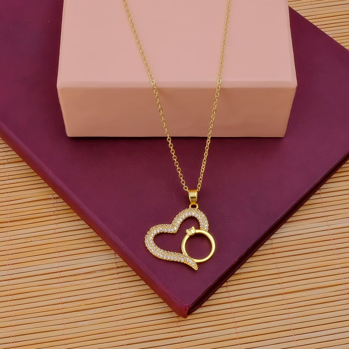 Gold Plated Heart Necklace with Cubic Zirconia Ring Pendant Elegant Love Jewelry Gift