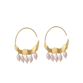 Gold Plated Hoop Earrings Pearl Gemstone Earring Wavy Design Textured Earring