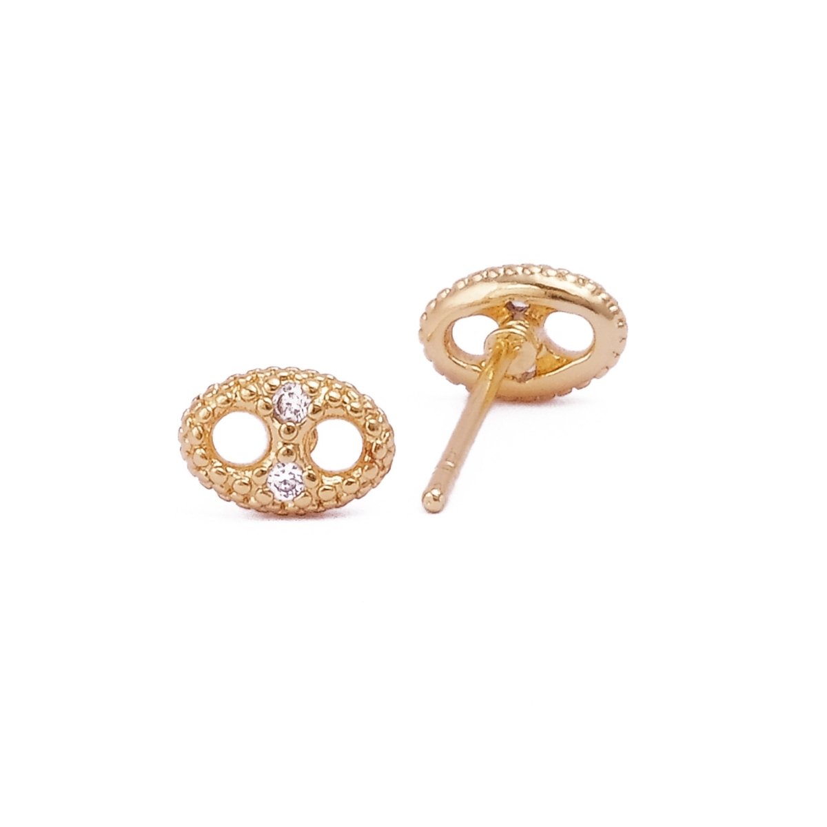 Gold Plated Oval Stud Earrings with CZ – Dainty Textured Design Minimalist Studs