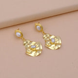 Gold Plated Pearl Dangle Earrings, Handmade Textured & Bezel Setting, Push Back Studs, Statement Earrings for Women. S