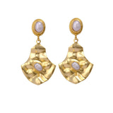 Gold Plated Pearl Dangle Earrings, Handmade Textured & Bezel Setting, Push Back Studs, Statement Earrings for Women. S