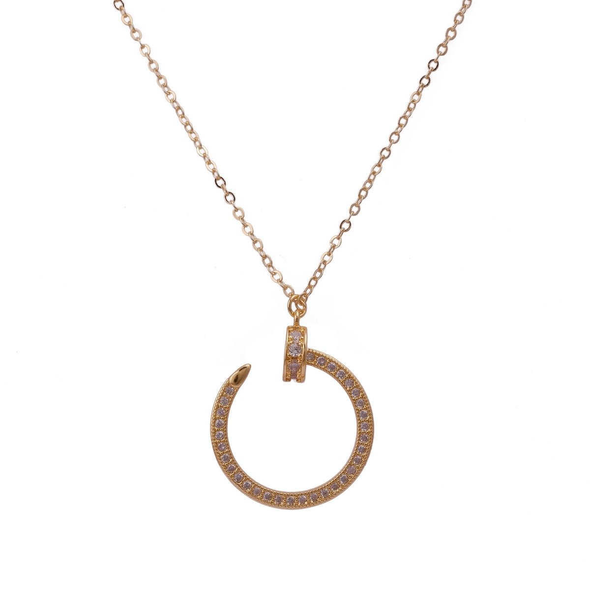 Gold Plated Round Nail Pendant Necklace Cubic Zirconia Nail Pendant Charm Necklace.