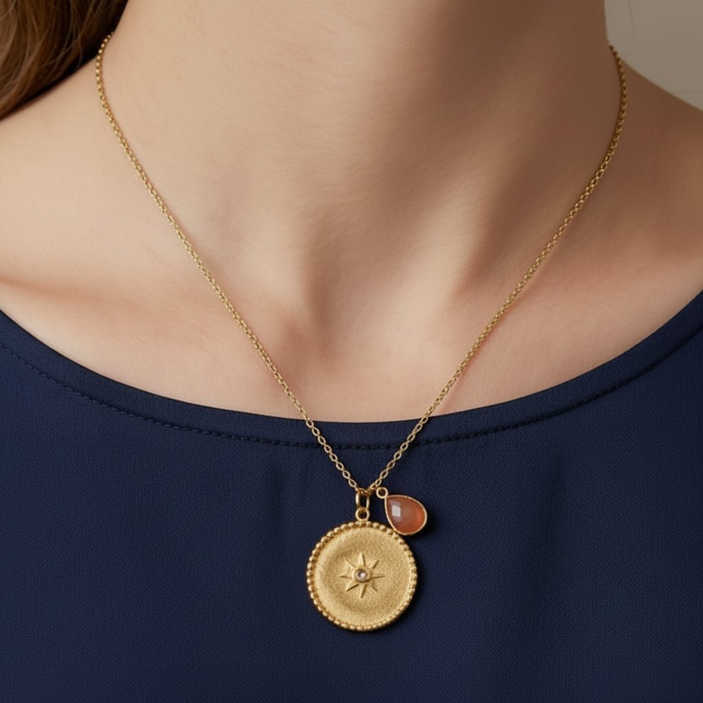 Gold Plated Starburst Medallion Necklace with Peach Moonstone Teardrop Charm 5318
