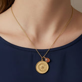 Gold Plated Starburst Medallion Necklace with Peach Moonstone Teardrop Charm 5318
