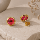 Gold Plated Stud Earrings with Pink Fuchsia Gemstone, Simple Elegant Jewelry CE - 1002