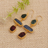 Gold Plated Triple Stone Drop Earrings, Minimalist Multi Raw Gemstone Earrings 5284