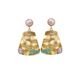Gold Textured Statement Earrings in Hammered Gold with Pearl & Aqua Chalcedony Accents, Prong Set Dangle Stud Earrings, Gift For Her. S
