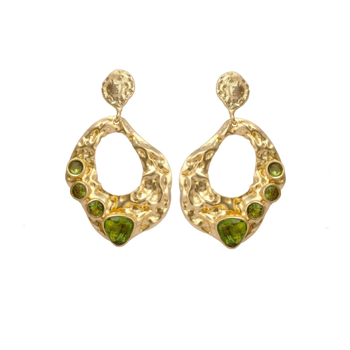 Green Amethyst Gemstone Stud Earrings – Double Stone Round & Pear Shape, Faceted Cut, 18K Gold Plated Handmade Hammered Style Earrings Jewelry, S