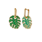 Green Enamel Gold Plated Monstera Leaf Drop Earrings Green