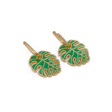 Green Enamel Gold Plated Monstera Leaf Drop Earrings