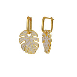Green Enamel Gold Plated Monstera Leaf Drop Earrings White