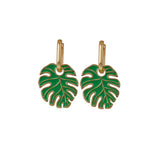 Green Enamel Gold Plated Monstera Leaf Drop Earrings