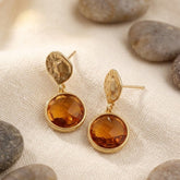 Hammered Gold Plated and Citrine Round Faceted Drop Earrings CE - 1038