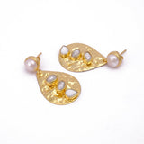 Hammered Style 8MM Pearl Gemstone Round Shape Studs Earrings, Collet Setting Dangle Drop Earrings Jewelry, Elegant Statement Jewelry, Anniversary Gift.S