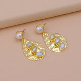 Hammered Style 8MM Pearl Gemstone Round Shape Studs Earrings, Collet Setting Dangle Drop Earrings Jewelry, Elegant Statement Jewelry, Anniversary Gift.S