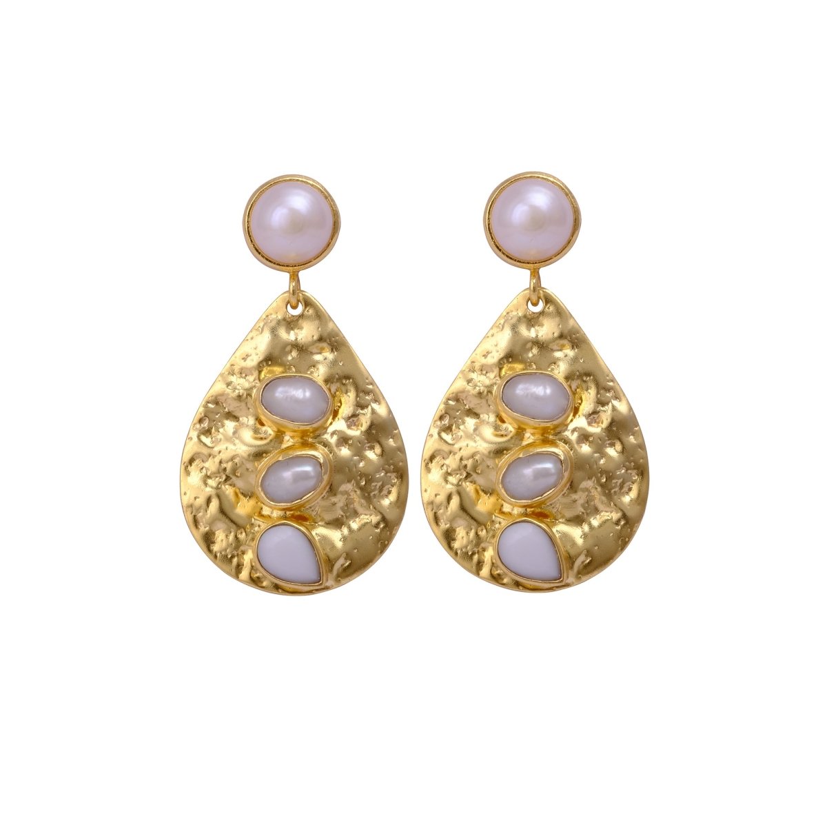 Hammered Style 8MM Pearl Gemstone Round Shape Studs Earrings, Collet Setting Dangle Drop Earrings Jewelry, Elegant Statement Jewelry, Anniversary Gift.S