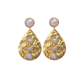 Hammered Style 8MM Pearl Gemstone Round Shape Studs Earrings, Collet Setting Dangle Drop Earrings Jewelry, Elegant Statement Jewelry, Anniversary Gift.S