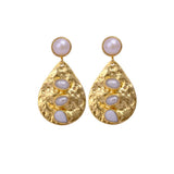 Hammered Style 8MM Pearl Gemstone Round Shape Studs Earrings, Collet Setting Dangle Drop Earrings Jewelry, Elegant Statement Jewelry, Anniversary Gift.S