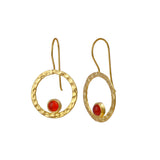 Hammered Textured Gold Plated Circle Earrings with Tiger's Eye Gemstone 5098
