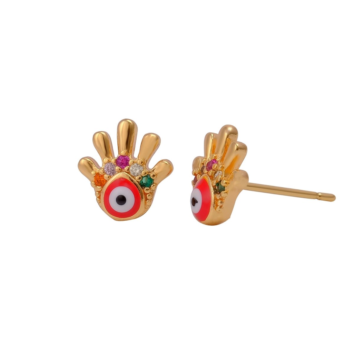 Hamsa Hand Stud Colorful Gemstones Earrings Gold Plated Jewelry