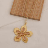 Handcrafted Beige Cat's Eye Flower Pendant Necklace with Textured Gold Leaves 5890 Beige Cat's Eye