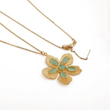 Handcrafted Beige Cat's Eye Flower Pendant Necklace with Textured Gold Leaves 5890 Blue Cat's Eye