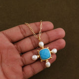 Handcrafted Faceted Turquoise Gemstone, Cross Necklace with Freshwater Pearls 5406
