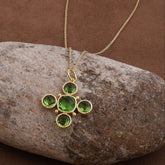 Handcrafted Green Onyx Floral Cross Pendant Necklace in Gold Plated Brass 5388 Peridot