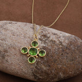 Handcrafted Green Onyx Floral Cross Pendant Necklace in Gold Plated Brass 5388 Peridot