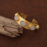Handcrafted Rainbow Moonstone Gemstone Cuff, Gold - Plated Textured Brass Bangle 5440
