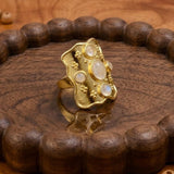 Handcrafted Rainbow Moonstone Statement Ring in Textured Gold, Birthstone Band CR - 1014