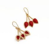 Handcrafted Red Coral Triple Leaf Hook Earrings, Gold Plated Bezel Set Jewelry CE - 1008