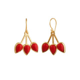 Handcrafted Red Coral Triple Leaf Hook Earrings, Gold Plated Bezel Set Jewelry CE - 1008