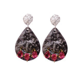 Handmade Black Textured Teardrop Earrings with Pink Gemstones – Statement Dangle Earrings